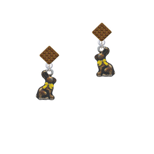 3-D Chocolate Bunny Brown Crystal Diamond-Shape Earrings