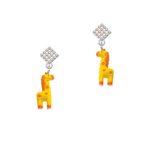Resin Yellow Geronimo the Giraffe White AB Crystal Diamond-Shape Earrings