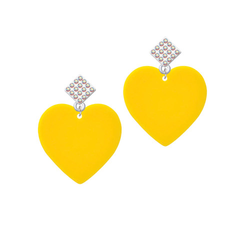 Acrylic 1" Yellow Heart White AB Crystal Diamond-Shape Earrings