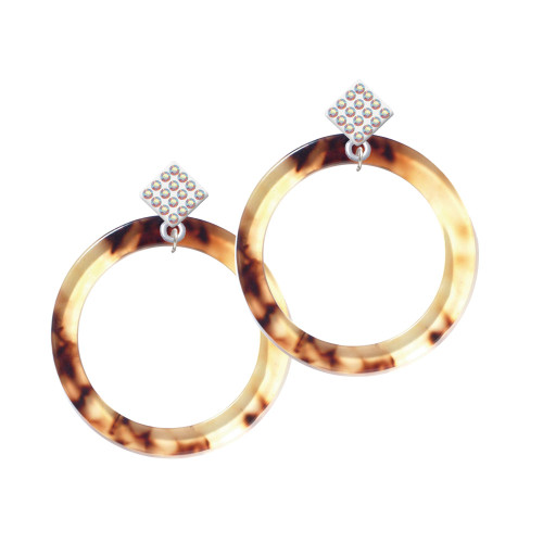 Acrylic 1 1/2" Ring Mixed Brown and Yellow White AB Crystal Diamond-Shape Earrings