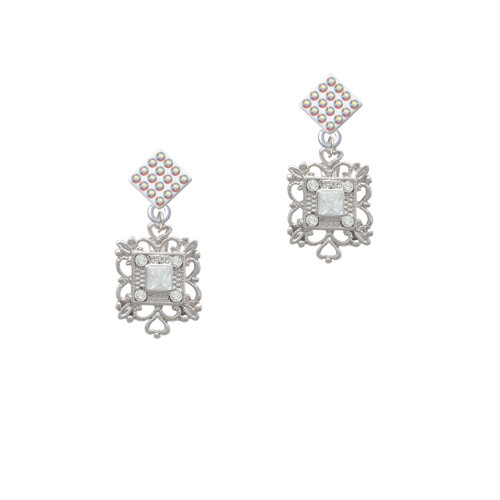 Square AB Crystal with Filigree White AB Crystal Diamond-Shape Earrings