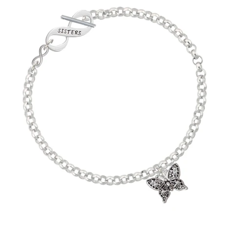 Small Antiqued Crystal Butterfly To Infinity Sisters Toggle Bracelet