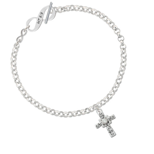 Scroll Cross with Clear Crystal To Infinity Matthew 6:9 Toggle Bracelet
