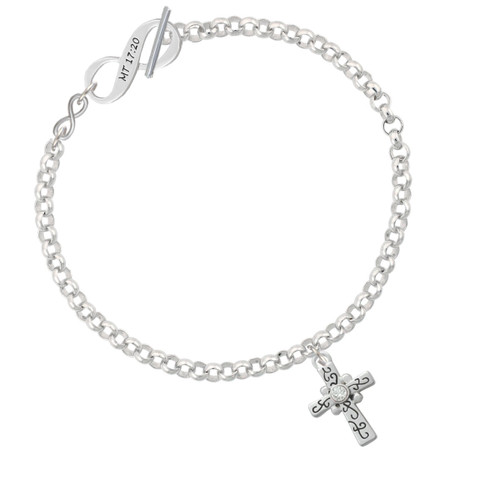 Scroll Cross with Clear Crystal To Infinity Matthew 17:20 Toggle Bracelet