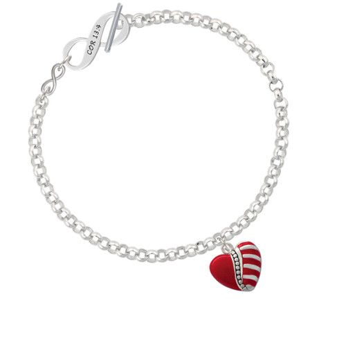Striped Red Enamel Heart with Beaded Decoration To Infinity 1 Corinthians 13:4 Toggle Bracelet