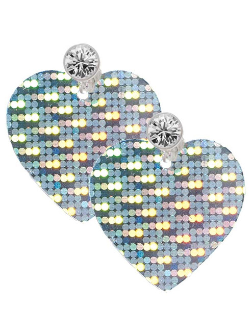 Acrylic Large Hologram Heart - Crystal Clip on Earrings: Color Choice - Red, Green, Blue, Purple, Pink, Clear, Black