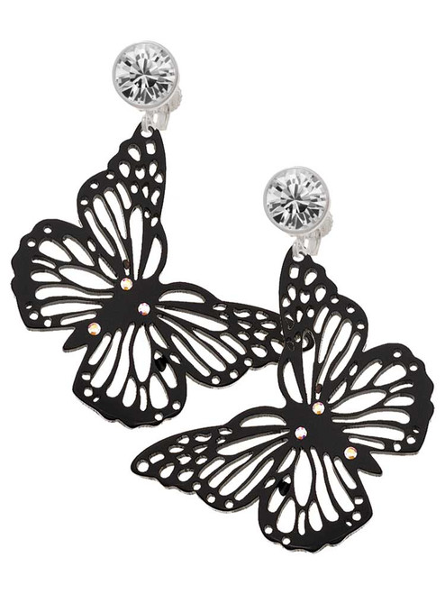 Acrylic Cut Out Butterfly Black - Crystal Clip on Earrings: Color Choice - Red, Green, Blue, Purple, Pink, Clear, Black