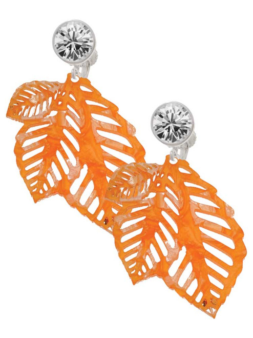Acrylic Medium Triple Leaf Shimmer Orange - Crystal Clip on Earrings: Color Choice - Red, Green, Blue, Purple, Pink, Clear, Black