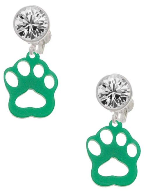Acrylic Small Paw Green - Crystal Clip on Earrings: Color Choice - Red, Green, Blue, Purple, Pink, Clear, Black