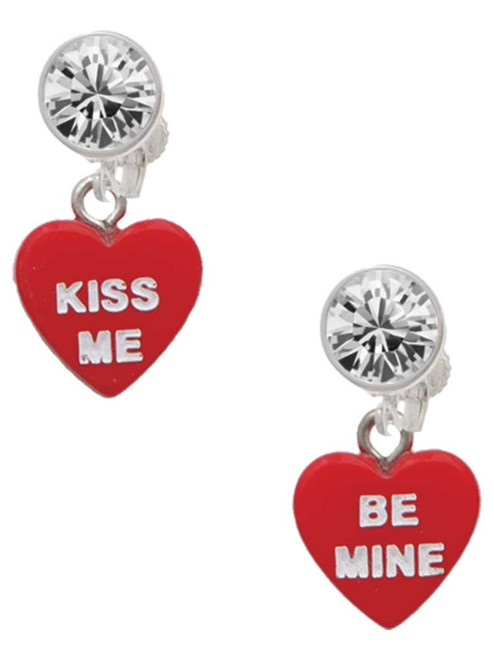 Acrylic Red "Be Mine / Kiss Me" Heart - Crystal Clip on Earrings: Color Choice - Red, Green, Blue, Purple, Pink, Clear, Black