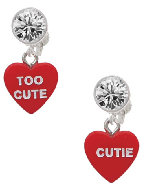 Acrylic Red "Too Cute / Cutie" Heart - Crystal Clip on Earrings: Color Choice - Red, Green, Blue, Purple, Pink, Clear, Black
