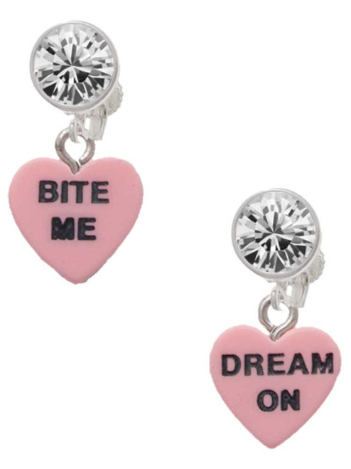 Acrylic Pink "Dream On / Bite Me" Heart - Crystal Clip on Earrings: Color Choice - Red, Green, Blue, Purple, Pink, Clear, Black