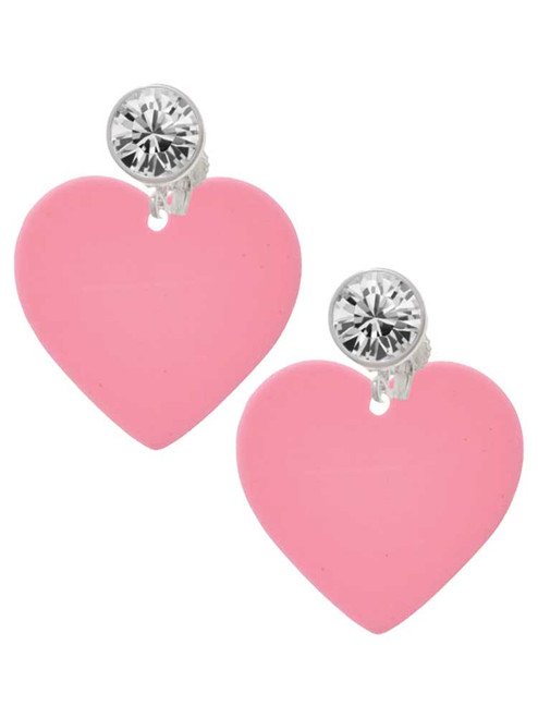 Acrylic 1" Pink Heart - Crystal Clip on Earrings: Color Choice - Red, Green, Blue, Purple, Pink, Clear, Black