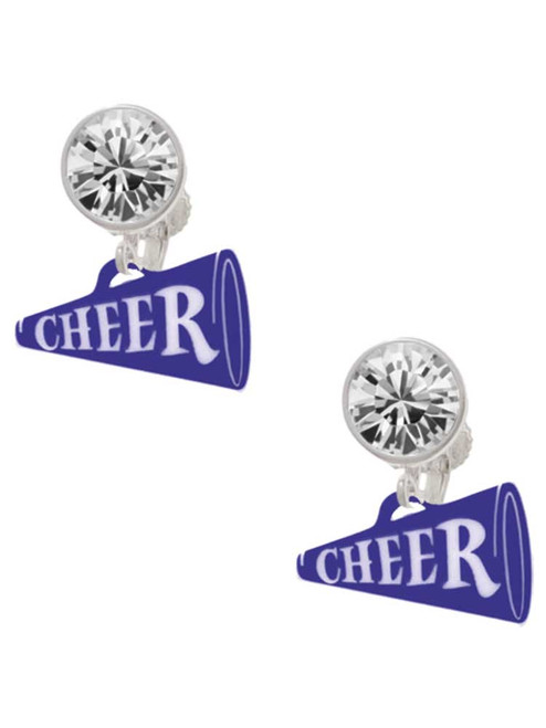 Acrylic Navy Cheer Megaphone - Crystal Clip on Earrings: Color Choice - Red, Green, Blue, Purple, Pink, Clear, Black