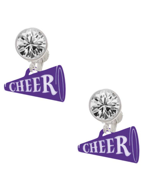 Acrylic Purple Cheer Megaphone - Crystal Clip on Earrings: Color Choice - Red, Green, Blue, Purple, Pink, Clear, Black