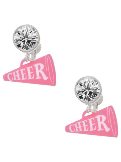Acrylic Pink Cheer Megaphone - Crystal Clip on Earrings: Color Choice - Red, Green, Blue, Purple, Pink, Clear, Black