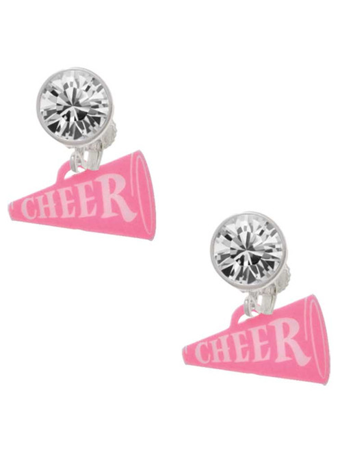 Acrylic Hot Pink Cheer Megaphone - Crystal Clip on Earrings: Color Choice - Red, Green, Blue, Purple, Pink, Clear, Black