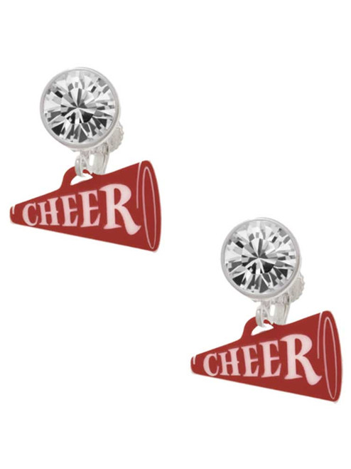 Acrylic Maroon Cheer Megaphone - Crystal Clip on Earrings: Color Choice - Red, Green, Blue, Purple, Pink, Clear, Black