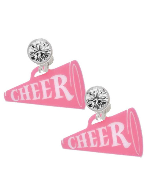 Acrylic Large Pink Cheer Megaphone - Crystal Clip on Earrings: Color Choice - Red, Green, Blue, Purple, Pink, Clear, Black