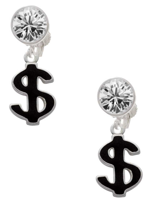 Silver Plated Black Dollar Sign - Crystal Clip on Earrings: Color Choice - Red, Green, Blue, Purple, Pink, Clear, Black