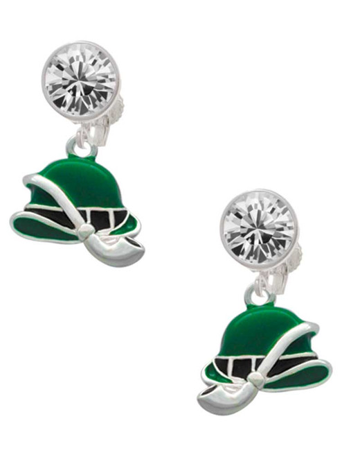 Silver Plated Derby Hat with Pipe - Crystal Clip on Earrings: Color Choice - Red, Green, Blue, Purple, Pink, Clear, Black