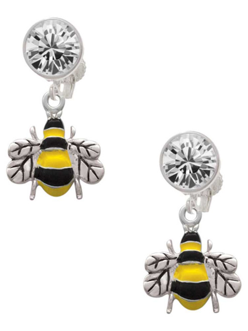 Silver Plated Enamel Bee - Crystal Clip on Earrings: Color Choice - Red, Green, Blue, Purple, Pink, Clear, Black