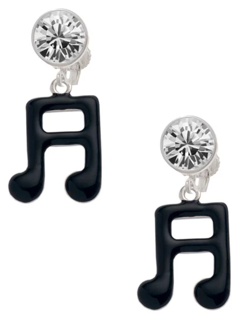 Silver Plated Black Sixteenth Note - Crystal Clip on Earrings: Color Choice - Red, Green, Blue, Purple, Pink, Clear, Black