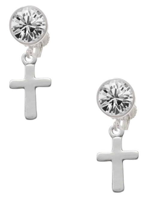 Silver Plated Simple Plain Small Cross - Crystal Clip on Earrings: Color Choice - Red, Green, Blue, Purple, Pink, Clear, Black