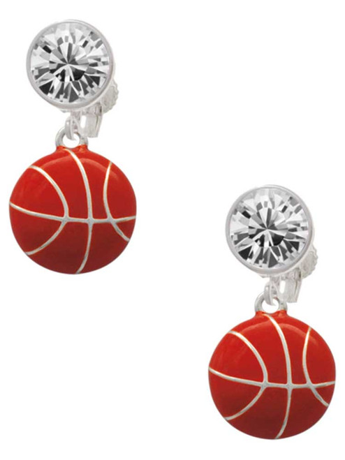 Silver Plated Large Enamel Basketball - Crystal Clip on Earrings: Color Choice - Red, Green, Blue, Purple, Pink, Clear, Black