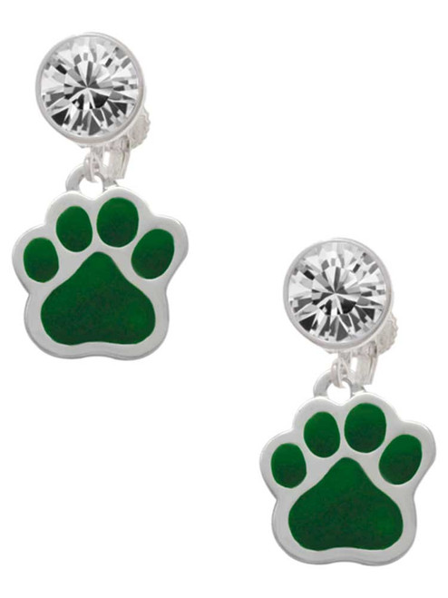 Silver Plated Large Green Paw - Crystal Clip on Earrings: Color Choice - Red, Green, Blue, Purple, Pink, Clear, Black