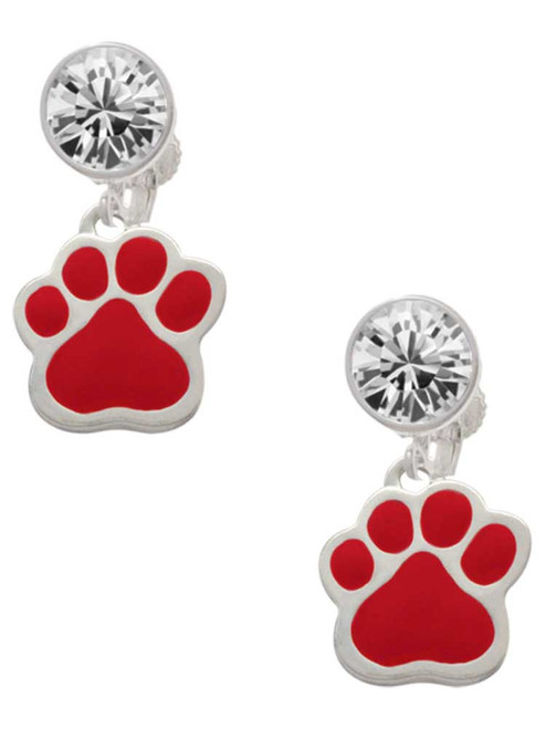 Silver Plated Large Red Paw - Crystal Clip on Earrings: Color Choice - Red, Green, Blue, Purple, Pink, Clear, Black