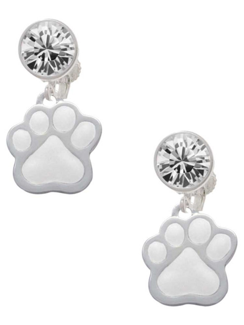 Silver Plated Large White Paw - Crystal Clip on Earrings: Color Choice - Red, Green, Blue, Purple, Pink, Clear, Black