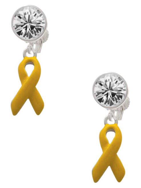 Silver Plated Yellow Ribbon - Crystal Clip on Earrings: Color Choice - Red, Green, Blue, Purple, Pink, Clear, Black