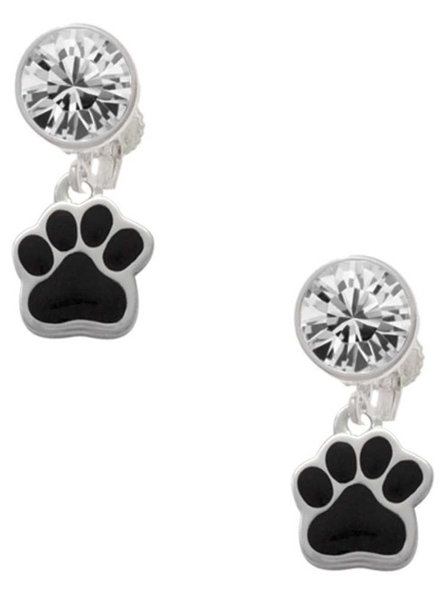 Silver Plated Small Black Paw - Crystal Clip on Earrings: Color Choice - Red, Green, Blue, Purple, Pink, Clear, Black