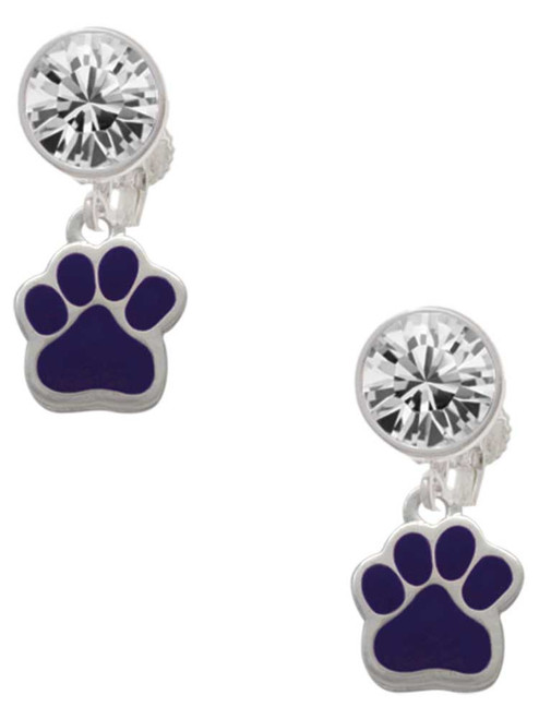 Silver Plated Small Purple Paw - Crystal Clip on Earrings: Color Choice - Red, Green, Blue, Purple, Pink, Clear, Black