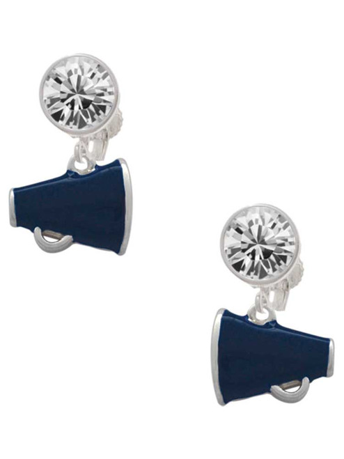 Silver Plated Small Navy Blue Megaphone - Crystal Clip on Earrings: Color Choice - Red, Green, Blue, Purple, Pink, Clear, Black