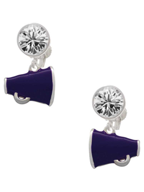 Silver Plated Small Purple Megaphone - Crystal Clip on Earrings: Color Choice - Red, Green, Blue, Purple, Pink, Clear, Black