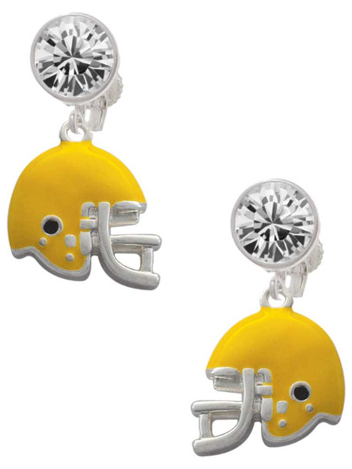 Silver Plated Small Yellow Football Helmet - Crystal Clip on Earrings: Color Choice - Red, Green, Blue, Purple, Pink, Clear, Black