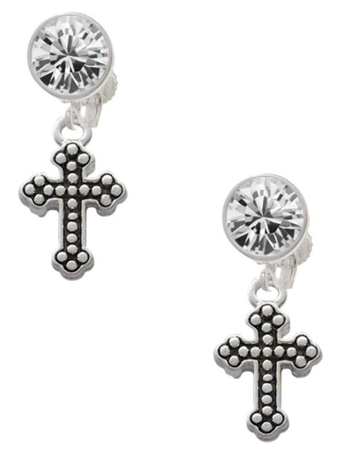 Silver Plated Small Botonee Cross with Beaded Decoration - Crystal Clip on Earrings: Color Choice - Red, Green, Blue, Purple, Pink, Clear, Black