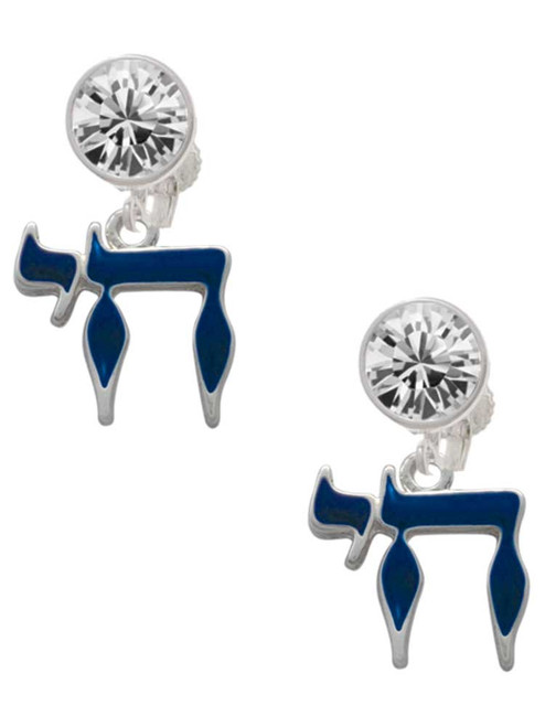 Silver Plated Enamel Blue Chai - Crystal Clip on Earrings: Color Choice - Red, Green, Blue, Purple, Pink, Clear, Black