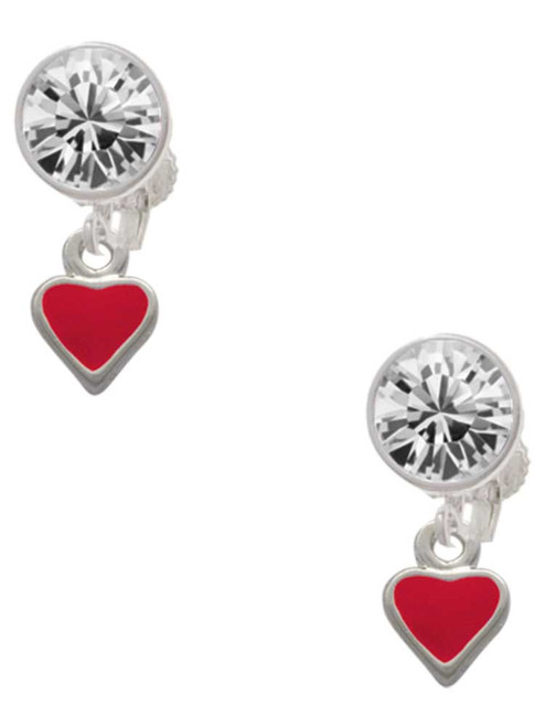 Silver Plated Mini 2-D Red Heart - Crystal Clip on Earrings: Color Choice - Red, Green, Blue, Purple, Pink, Clear, Black