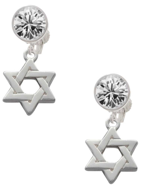 Silver Plated Star Of David - Crystal Clip on Earrings: Color Choice - Red, Green, Blue, Purple, Pink, Clear, Black