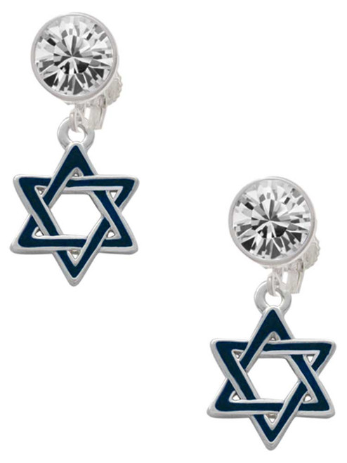 Silver Plated Blue Star Of David - Crystal Clip on Earrings: Color Choice - Red, Green, Blue, Purple, Pink, Clear, Black