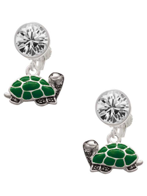 Silver Plated Green Side Turtle - Crystal Clip on Earrings: Color Choice - Red, Green, Blue, Purple, Pink, Clear, Black
