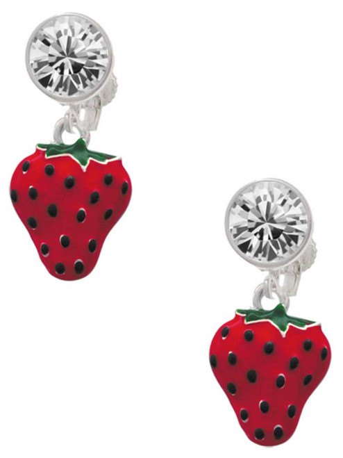 Silver Plated Large Enamel Strawberry - Crystal Clip on Earrings: Color Choice - Red, Green, Blue, Purple, Pink, Clear, Black