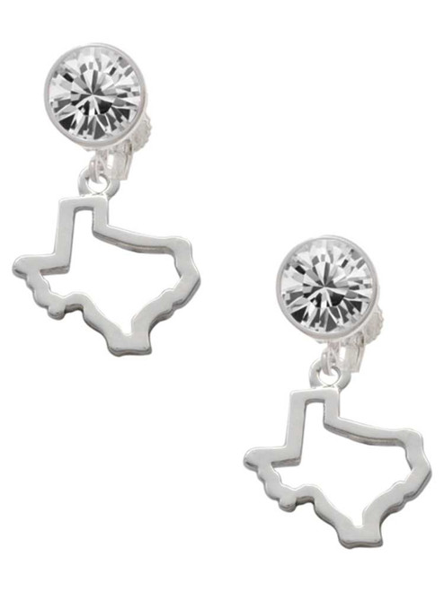 Silver Plated Texas Outline - Crystal Clip on Earrings: Color Choice - Red, Green, Blue, Purple, Pink, Clear, Black