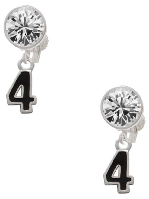Silver Plated Black Number - 4 - Crystal Clip on Earrings: Color Choice - Red, Green, Blue, Purple, Pink, Clear, Black