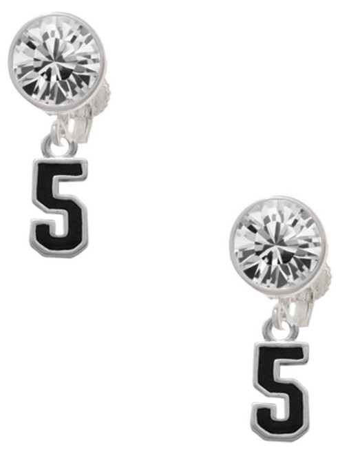 Silver Plated Black Number - 5 - Crystal Clip on Earrings: Color Choice - Red, Green, Blue, Purple, Pink, Clear, Black
