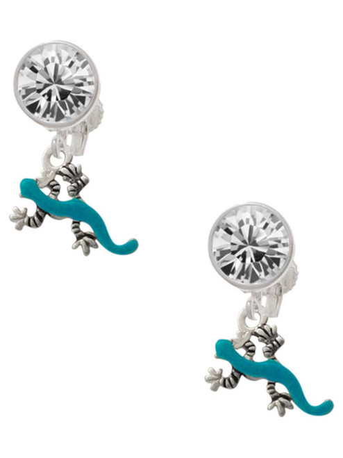 Silver Plated Small Teal Lizard - Crystal Clip on Earrings: Color Choice - Red, Green, Blue, Purple, Pink, Clear, Black