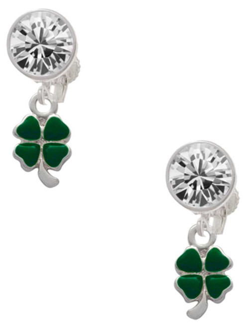 Silver Plated Mini Green Four Leaf Clover with Heart Leaves - Crystal Clip on Earrings: Color Choice - Red, Green, Blue, Purple, Pink, Clear, Black